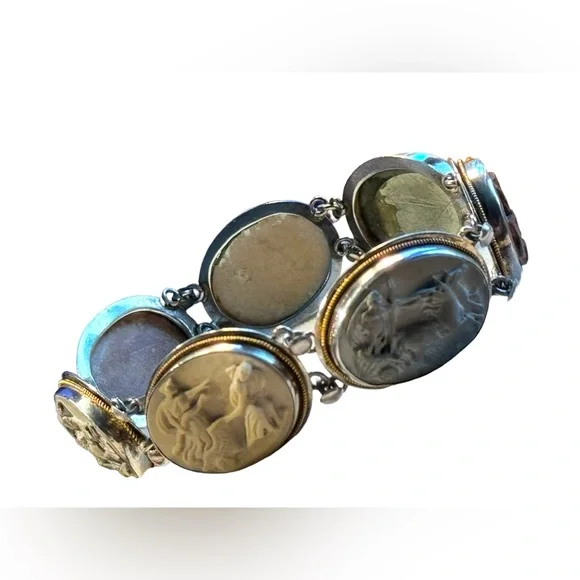 Antique Bracelet Stone Cameo 800 Silver Victorian Lava RARE Seven Days Chariots - Picture 1 of 14